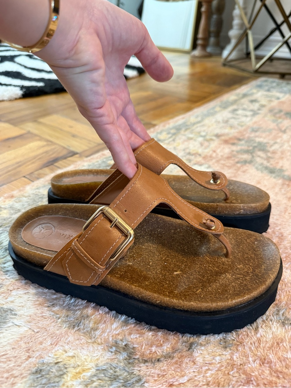Women’s Tan Leather Buckle Thong Sandals
